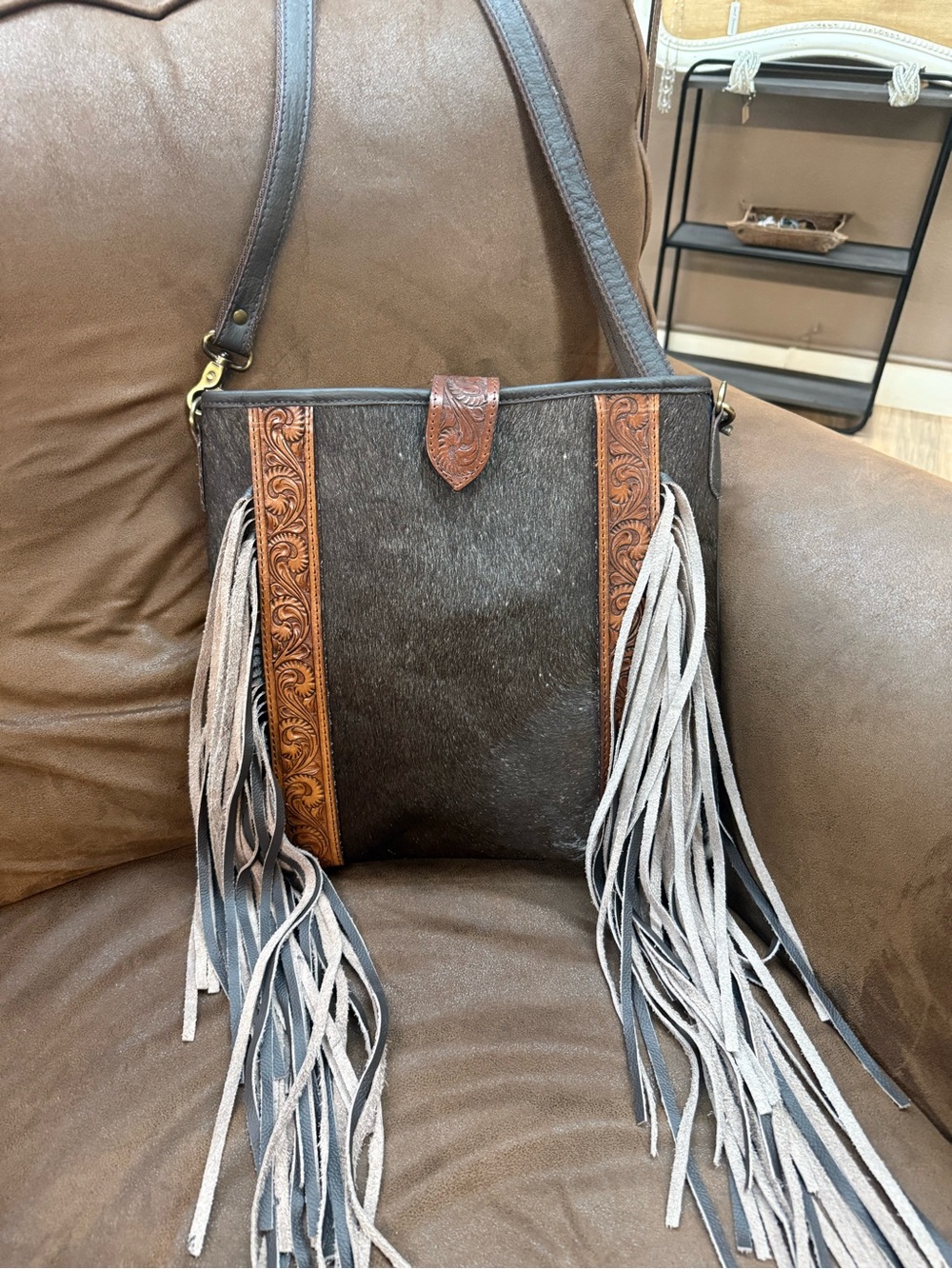 Fringe Leather Crossbody Bag - Dark Brown with Tan Tooled Trim